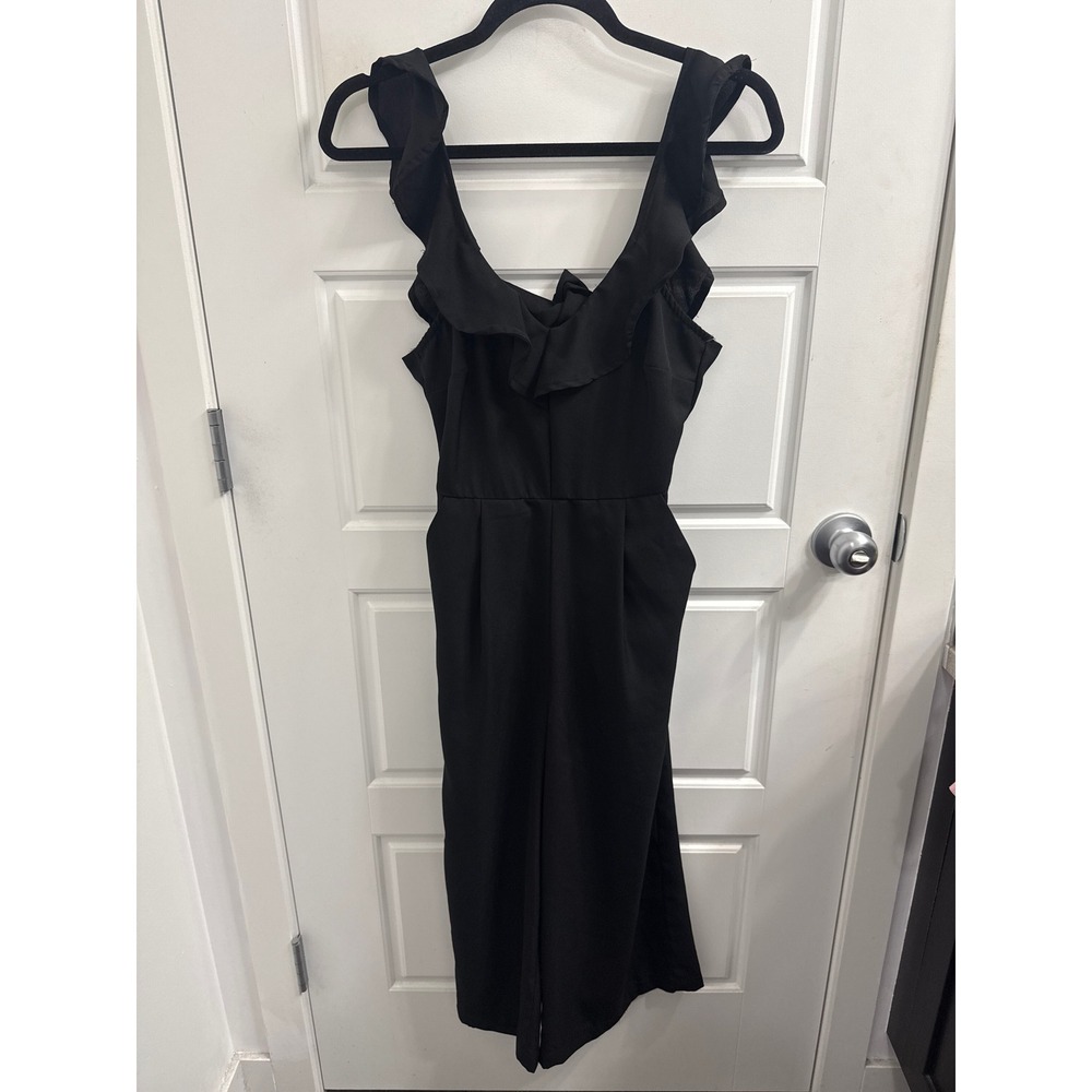 Japna Womens Black Ruffle V-Neck Open Back Tie Jumpsuit Small Wide Leg Cropped